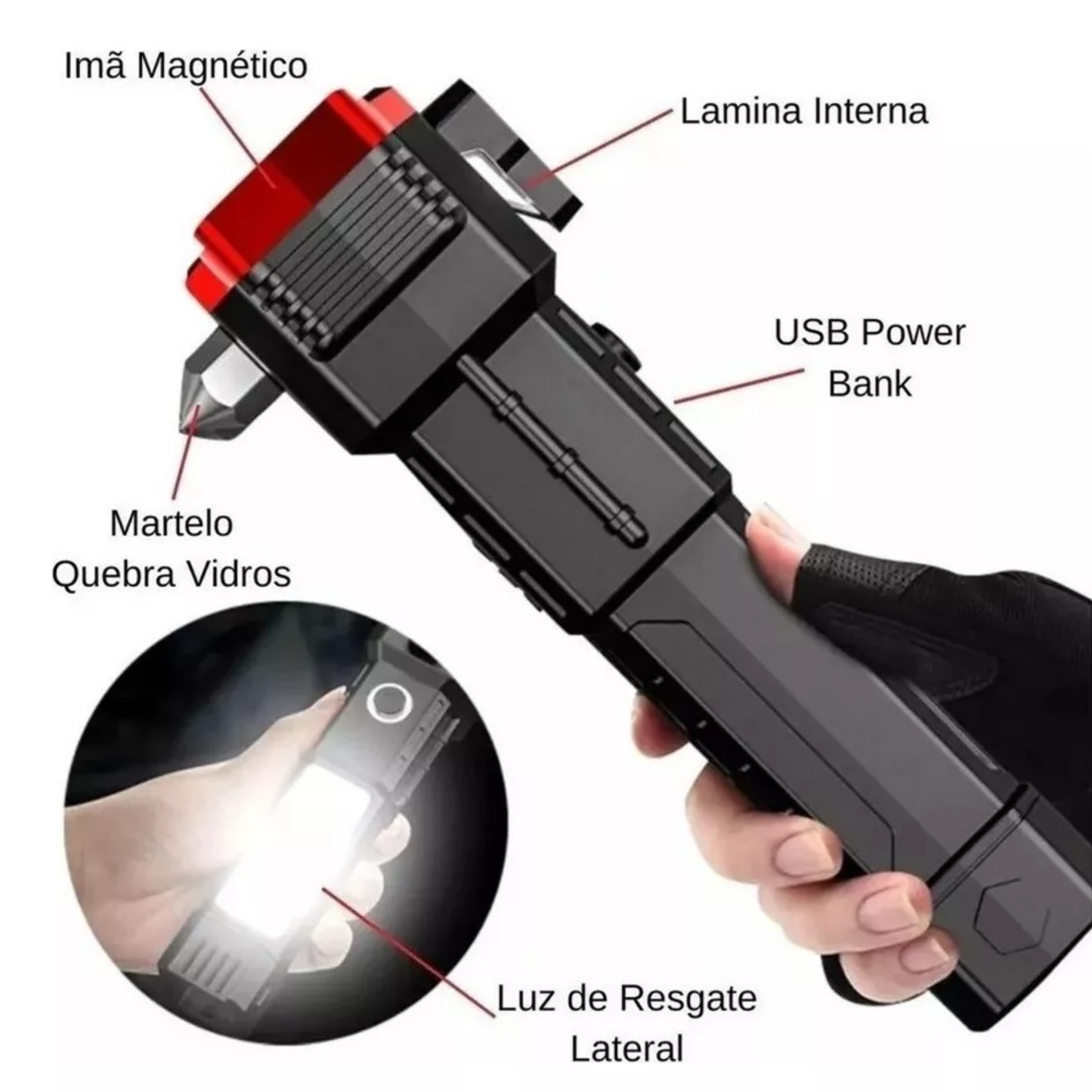 Martillo Linterna LED Táctica 4 en 1